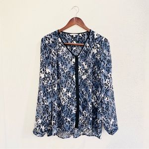 Cabi Fatale Blouse Blue Leopard Career Business Work Top Shirt Long Sleeve